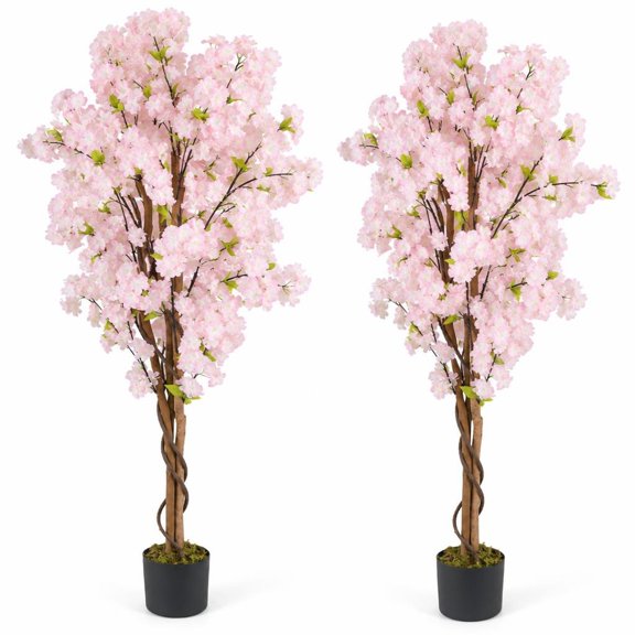 Airfind 5 FT Tall Artificial Cherry Blossom Tree with Pink Flowers-2 Pack, Polyester Fabric PP PE Solid Wood Tree Height 59" Pot Frame, Pink