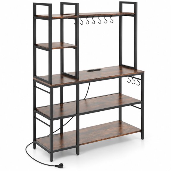 Airfind 5-Tier Bakers Rack with Power Outlets and 10 S-Shaped Hooks, 220 lbs Capacity, Metal Engineered Wood Frame, Brown