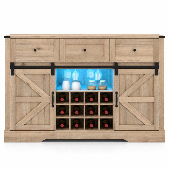 Airfind 52 Inches Wine Bar Cabinet with LED Lights and Sliding Barn Doors, 52" 16" 34"Inner Footprint, Light Gray