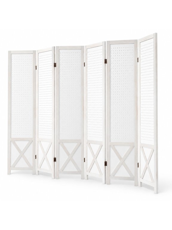 6-Panel Pegboard Room Divider 67 Inches Tall Foldable Privacy Screen, Paulownia Wood MDF 4-Panel Frame, 64" x 67" Footprint, White