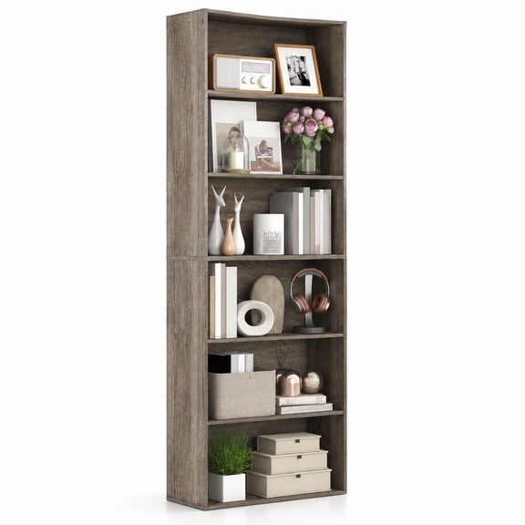 Airfind 6-Tier Bookcase with 6 Open Shelves and Anti-Toppling Kits, 200 lbs Capacity, MDF Engineered Wood Frame, 23.5" x 9.5" x 70" Footprint, Gray
