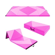 Airfind 8 Feet PU Leather Folding Gymnastics Mat with Hook and Loop Fasteners and Carry Handles for Kids Tumbling and Cheerleading, Pink