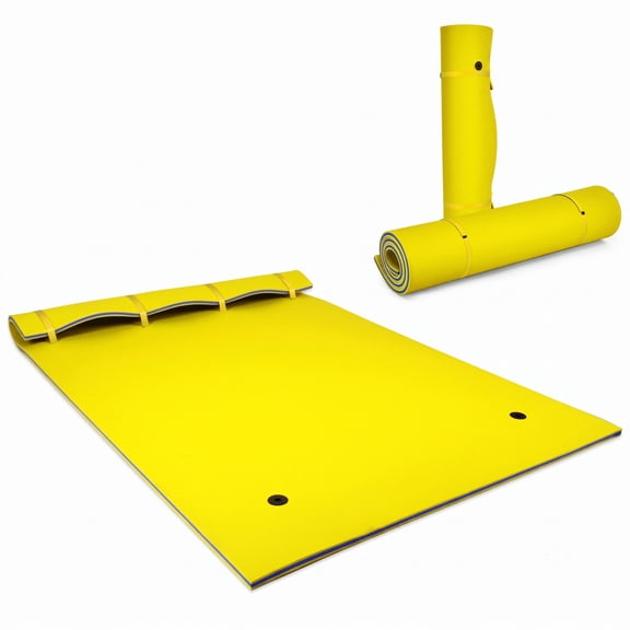 Airfind 9' x 6' 3 Layer Floating Water Pad Roll Up Foam Mat with 2 Bungee Tethers and Rolled Pillow Edge for Lake Pool and Beach, Yellow