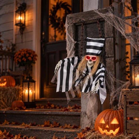 Airfind Animated Halloween Decoration 18 Inch Hanging Skull Prisoner, PE Fabric Frame, 18" x 12.5" x 3.5" Footprint, As Picture Shows