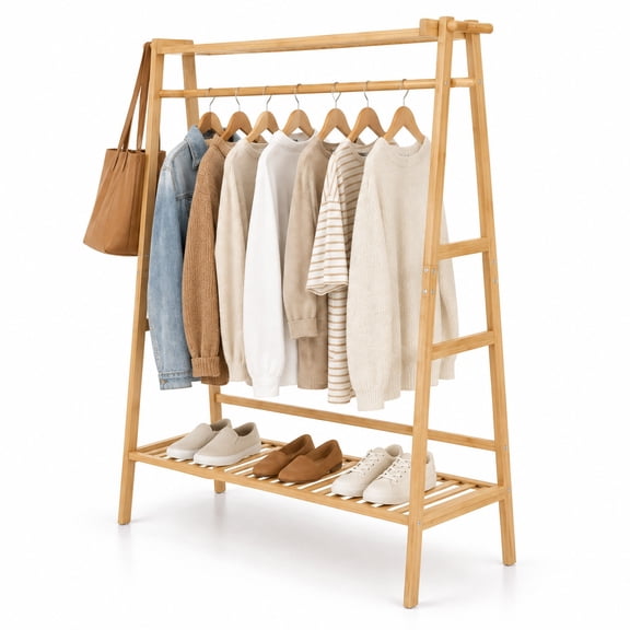 Airfind Bamboo Clothing Garment Rack Freestanding Open Wardrobe Organizer with Hanging Rod, Natural, Easy-to-clean surface is quick to wipe down