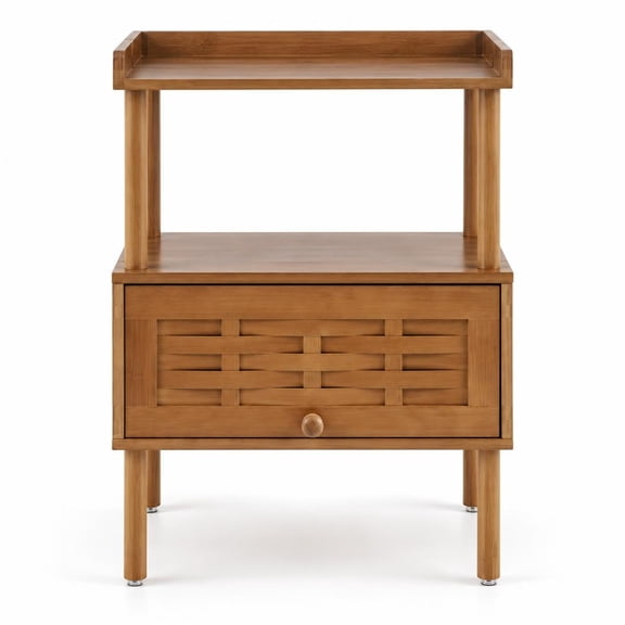 Airfind Bamboo Rattan Nightstand with Raised Edge Flip-Up Door and Open Shelf, 44 lbs Capacity, Bamboo Engineered Wood Frame, Walnut