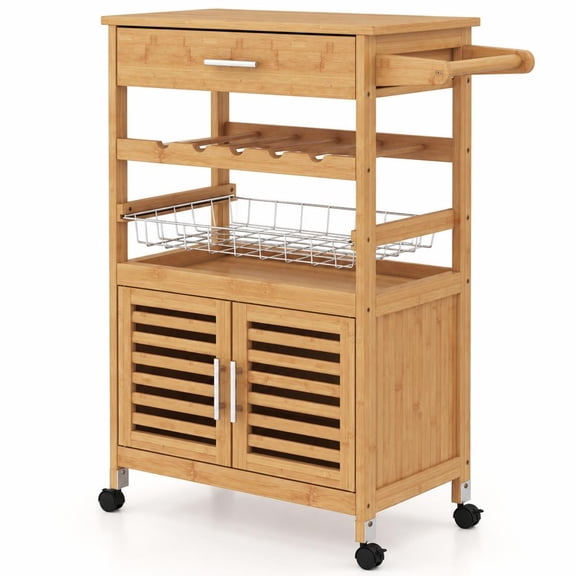 Airfind Bamboo Rolling Kitchen Island Trolley with Storage Cabinet and Wine Rack, 66 lbs Capacity, Bamboo Engineered Wood Metal Frame, Natural