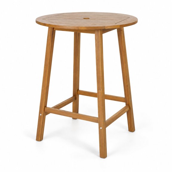 Airfind Bar Height Table with Umbrella Hole and Slatted Tabletop for Outdoors, Capacity 165 lbs Capacity, Acacia Wood Frame, Natural