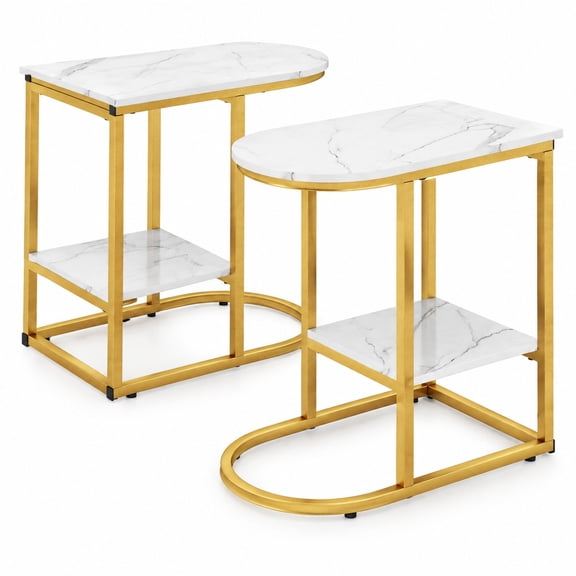 Airfind C-shaped Modern Sofa Side Table with Storage Shelf Faux and Marble Tabletop, 66 lbs Capacity, Engineered Wood Metal Frame, White