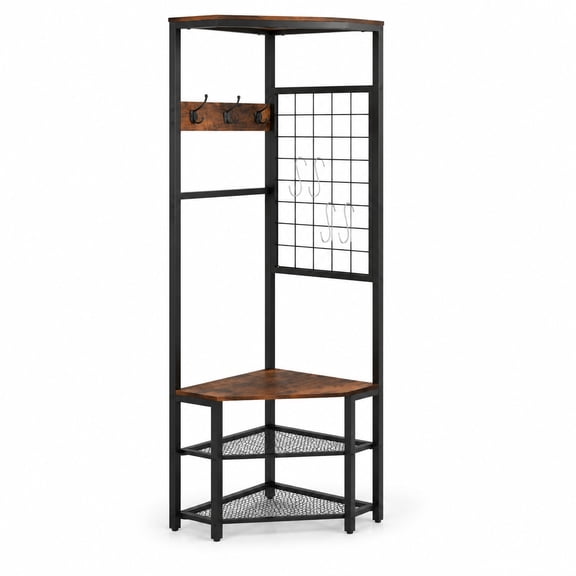 Airfind Corner Hall Tree Freestanding Coat Rack with Storage Shelves Removable Hooks, 220 lbs Capacity, Engineered Wood Metal Frame, Brown