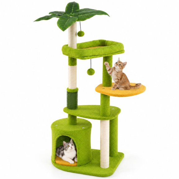 Airfind Cute Cat Tree for Adult Cats Multi-level Kitty Tower, Engineered Wood EVA Sisal Teddy Fleece Product Height 48" Base Frame, Green