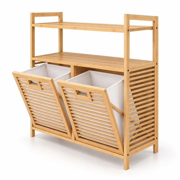 Airfind Double Tilt Out Laundry Hamper with 2 Shelves for Dirty Clothes, 154 lbs Capacity, Bamboo Engineered Wood Non-woven Fabric Frame, Natural