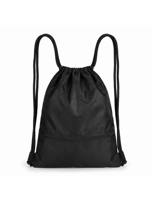 Drawstring Backpack String Bag Foldable Sports Sack with Zipper Pocket, Polyester mesh Frame, 17" x 14" Footprint, Black