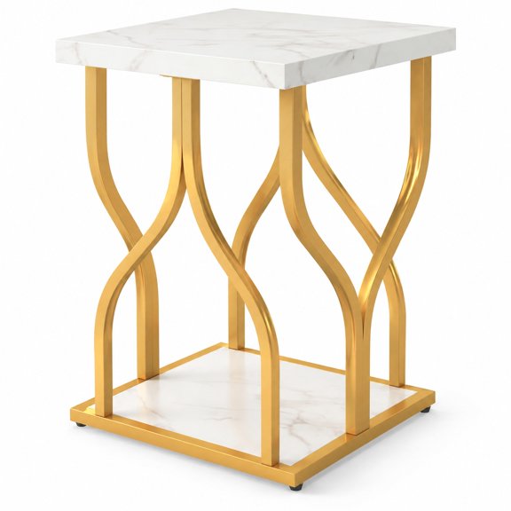 Airfind Faux Marble Bedside Night Stand with Petal-Inspired Metal Frame, 100 lbs Capacity, MDF Metal Frame, 15.5" x 15.5" x 23.5" Footprint, White