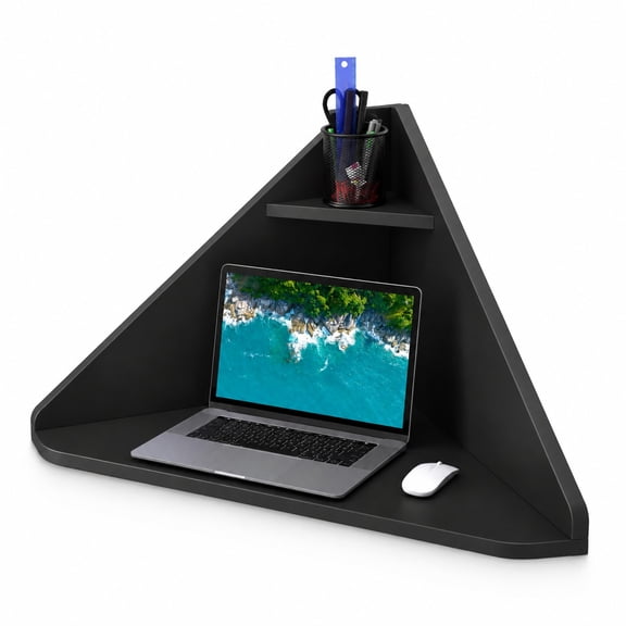 Airfind Floating Triangular Corner Computer Desk with Storage Shelf, Engineered Wood Frame, Black, Overall Dimensions 36.5" x 31" x 18" Sid