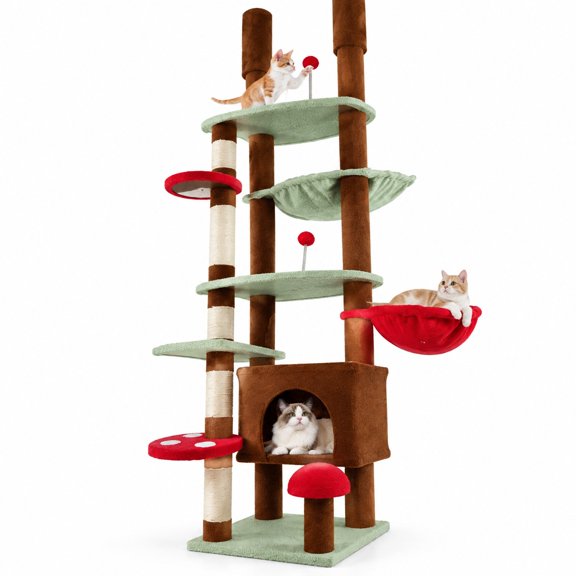Airfind Floor to Ceiling Cat Tree Adjustable Mushroom Themed with Condo and Hammock, 22 lbs Capacity, 16" x 10" x 12" Footprint, Brown