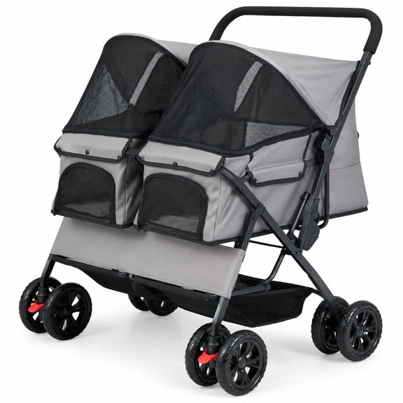 Airfind Foldable Double Pet Stroller with Adjustable Sunshade and Storage Basket, Aluminium Alloy Oxford Fabric PP EVA Frame, Gray