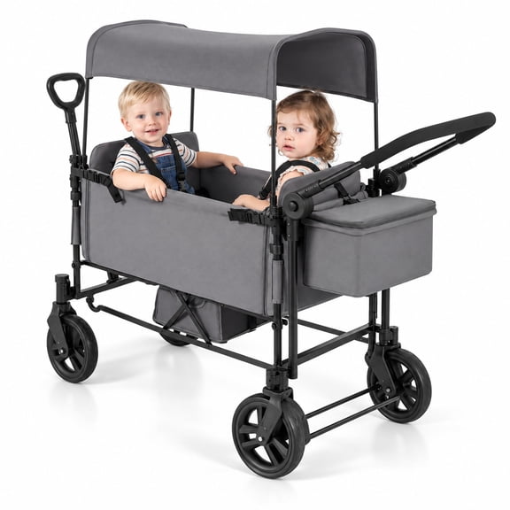 Airfind Foldable Wagon Stroller for 2 Kids with Removable Canopy and Adjustable Push Handle, 40 lbs Capacity, Oxford Fabric Frame, Grey