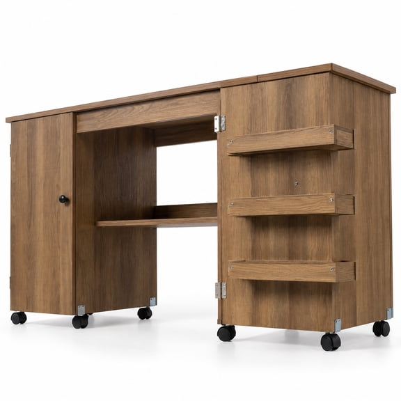 Airfind Folding Sewing Table Shelves Storage Cabinet Craft Cart with Wheels, MDF Opening Frame, Natural