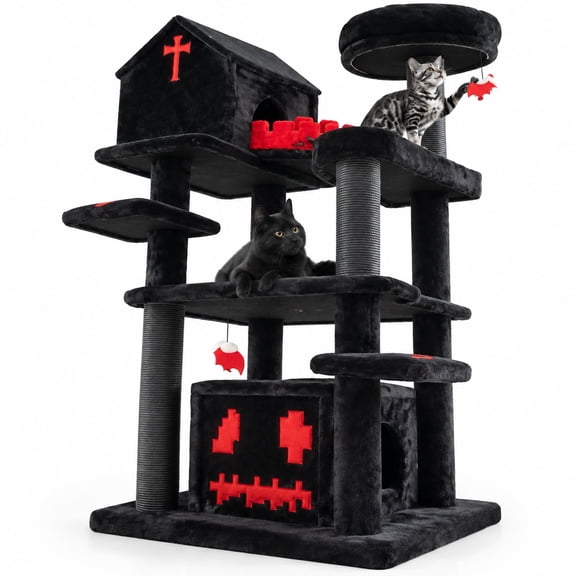 Airfind Gothic Cat Tree 49 Inch Tall Cat Tower 6-Tier Cat Activity Center with Coffin Bed, 33 lbs Capacity, 27" x 23" x 49" Footprint, Black