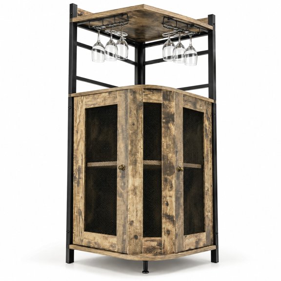 Airfind Industrial Corner Bar Cabinet with Glass Holder and Adjustable Shelf, 45 lbs Capacity, Metal Engineered Wood Frame, Rustic Brown