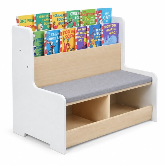 Airfind Kids Reading Nook with Bench Bookshelf and 2 Cubbies, 132 lbs Capacity, MDF Fabric Sponge Frame, White
