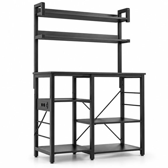 Airfind Kitchen Bakers Rack with Power Outlet 5, Tier Microwave Oven Stand with LED Lights, Black, Adjustable in 10 brightness levels and 10 speeds