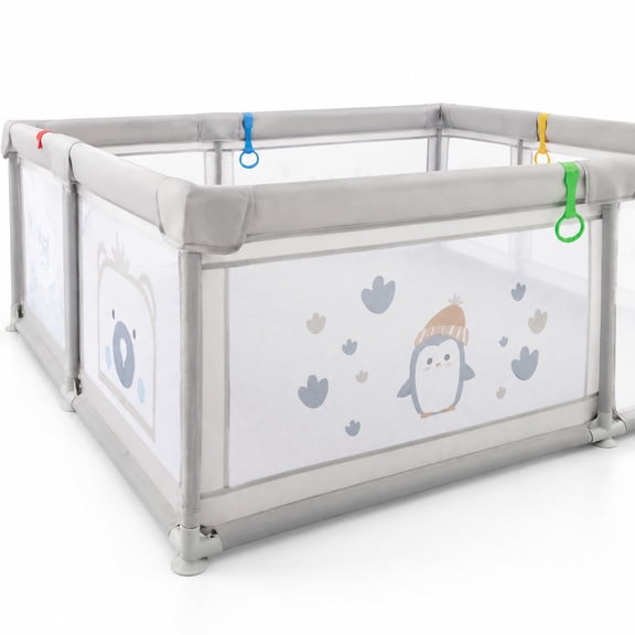 Airfind Large Baby Playpen with Pull Rings Ocean Balls and Cute Pattern, Oxford Fabric Sponge Metal Frame, 81" x 57.5" x 27" Footprint