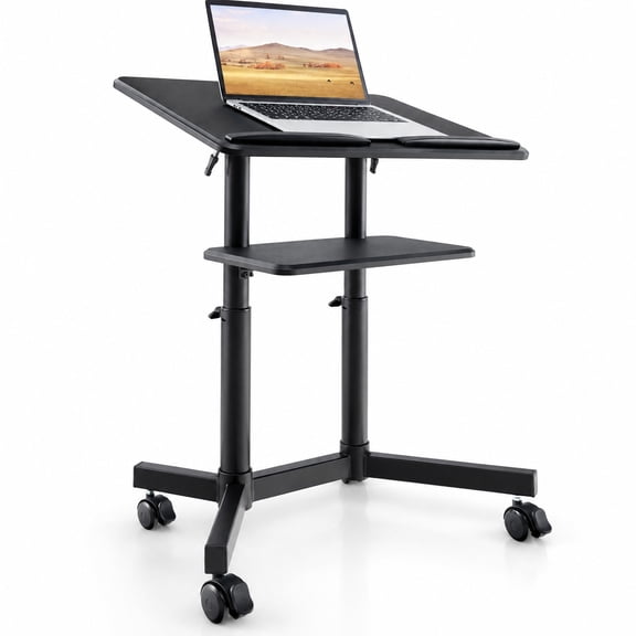 Airfind Mobile Lectern Podium Height-adjustable Rolling Laptop Cart with Tilting Top Storage Tray, 45 lbs Capacity, MDF Metal Frame, Black