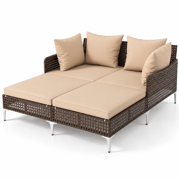 Airfind Outdoor Rattan Double Daybed Wicker Chaise Lounge, 800 lbs Capacity, PE Rattan Metal Polyester Sponge Frame, 60" x 52.5" x 27.5" Footprint