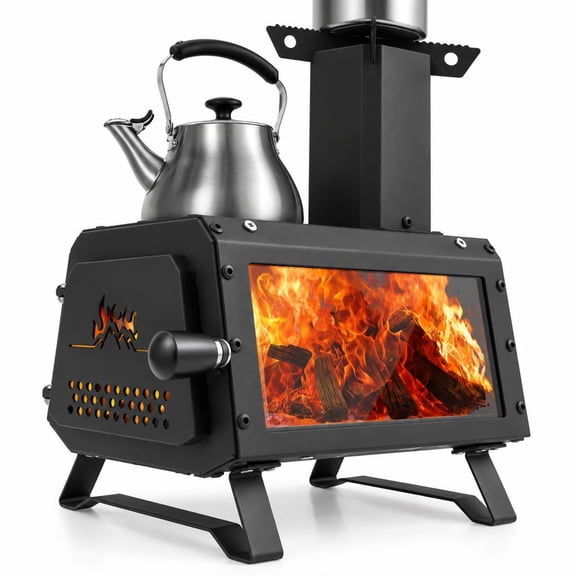 Airfind Patented Portable Wood Camping Burning Stove Heater Tabletop Fire Pit with 2 Cooking Positions, Carbon Steel Glass-ceramic Bakelite Frame