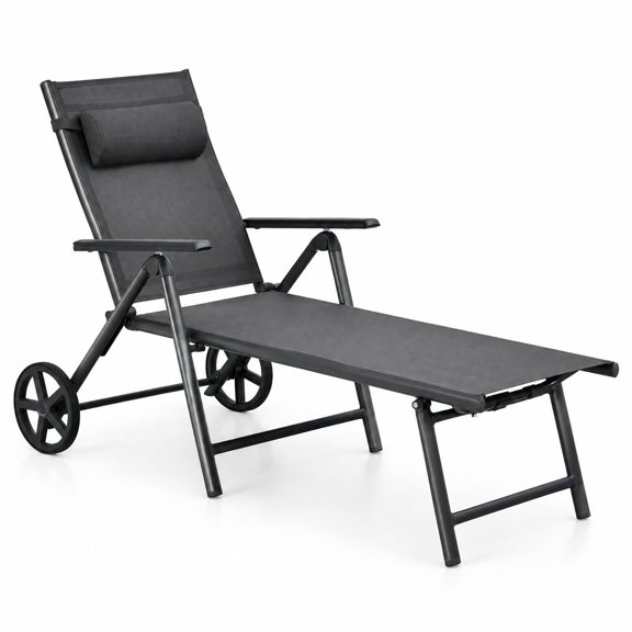 Airfind Patio Lounge Chair with Wheels Neck Pillow Aluminum Frame Adjustable, 330lbs Capacity, Aluminum Frame, Gray