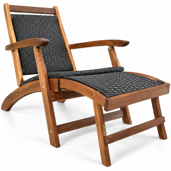 Airfind Patio Rattan Folding Lounge Chair with Acacia Wooden Frame Retractable Footrest, 360 lbs Capacity, Acacia wood PE rattan Frame