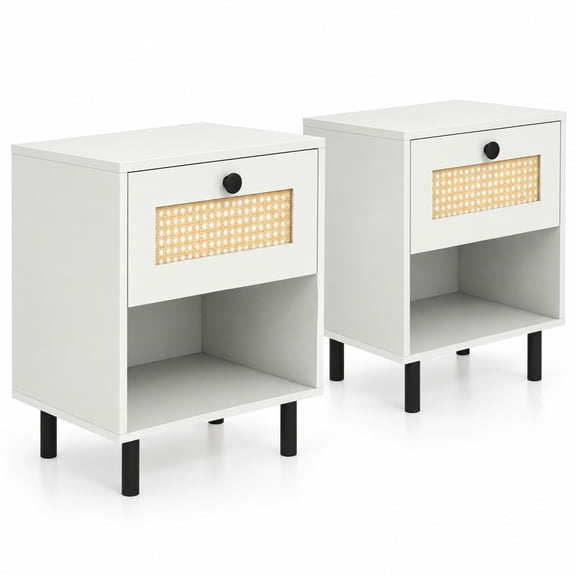 Airfind Rattan Nightstand Boho End Table with Rattan Drawer and Open Shelf Set of 2, 66 lbs Capacity, Engineered Wood MDF PVC Rattan Metal Frame