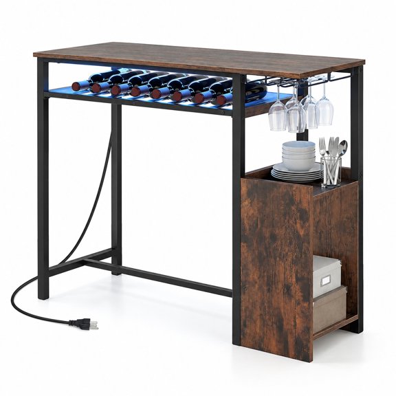 Airfind Rectangular Bar Table with Charging Station and LED Light, 88 lbs Capacity, Metal Engineered Wood Frame, 43" x 16" x 36" Overall Size