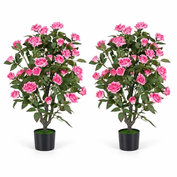 Airfind Set of 2 Artificial Rose Tree with Blooming Flowers and Green Leaves for Indoor, Silk Fabric Rubberized Fabric PE PP Tree Height 35.5" Frame