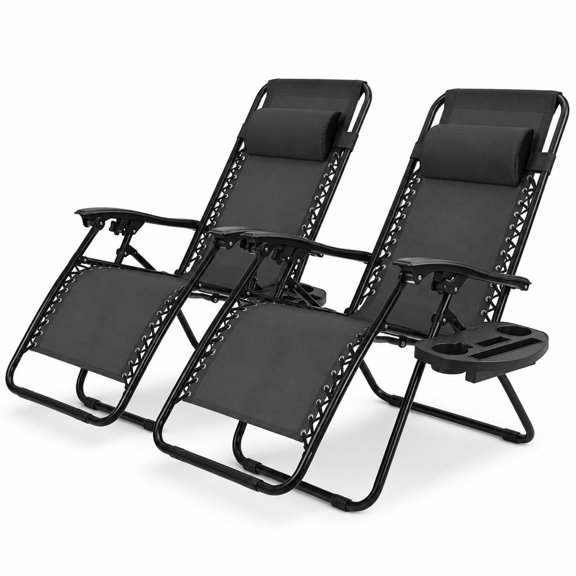 Airfind Set of 2 Folding Zero Gravity Lounge Chairs with Removable Tray and Adjustable Pillow, 310 lbs Capacity Each Chair, Steel Frame, Black