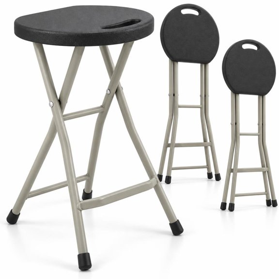 Airfind Set of 2 Portable Folding Stools 28 Inch with Footrest and Carry Handle, 330 lbs Capacity Each Stool, Steel and HDPE Frame, Black Silver