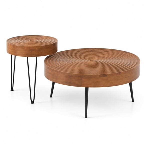 Airfind Set of 2 Solid Wood Ring Pattern Farmhouse Round Coffee Tables, 180 lbs Capacity, Pine Wood Metal Frame, 31.5" x 31.5" x 15" Footprint