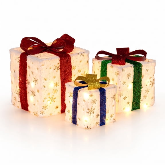 Airfind Set of 3 Christmas Lighted Gift Boxes with 48 Bright Warm Lights, Polyester Fabric PVC Plush Fabric Frame, White+Red+Golden+Green+Blue