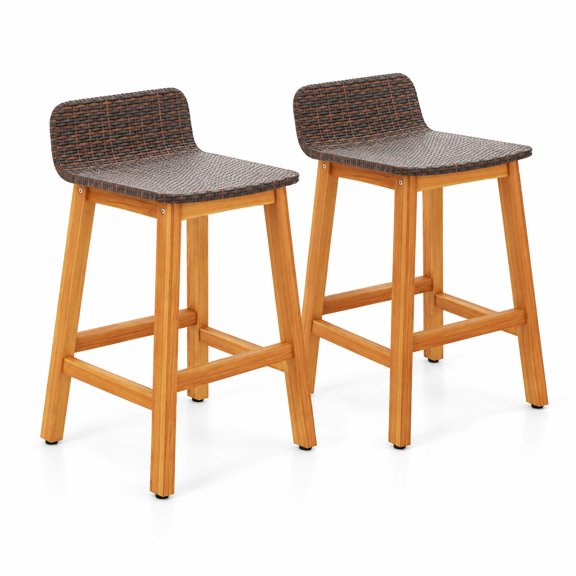 Airfind Solid Acacia Wood Bar Stools Set of 2 with Backrests and Footrests for Porch, Acacia Wood PE Rattan Frame, Brown