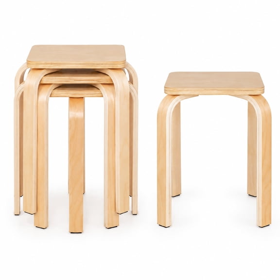 Airfind Stackable Stools Set of 4 with Square Top and Rounded Corners, 330 lbs Capacity, Poplar Wood Birch Wood Metal Frame, Natural