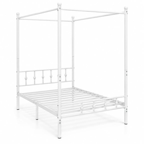 Airfind Twin Size Metal Canopy Bed Frame with Headboard and Footboard, White, Snap-in metal slats make assembly a breeze