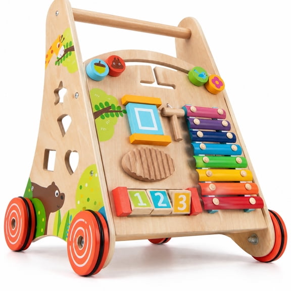 Airfind Wooden Push and Pull Baby Walker with Handle and Storage, MDF Plywood Solid Wood Frame, for 3+ Years Old, 14" x 12" x 17" Footprint, Natural