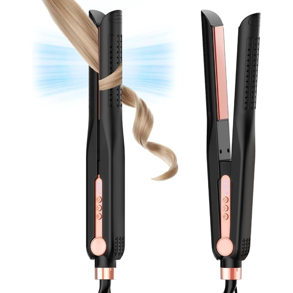 Airflow Styler, Titanium Flat Iron Hair Straightener, Professional Curling Iron with Cooling Air Vents to Lock in Style, 5 Temps & Dual , Auto Off (Black & ).
