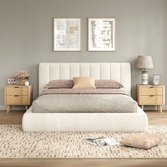 Airframe Queen Upholstered Cloud Bed Frame with Headboard, Foam Padded Platform Bed Frame, No Box Spring, Easy Assembly. Beige