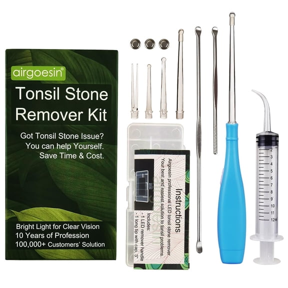 Airgoesin Upgraded Tonsil Stone MMF7Remover Tool, Blue, 5 Tips, Tonsillolith Pick Case + 1 Irrigator Fresh Breath Oral Rinse