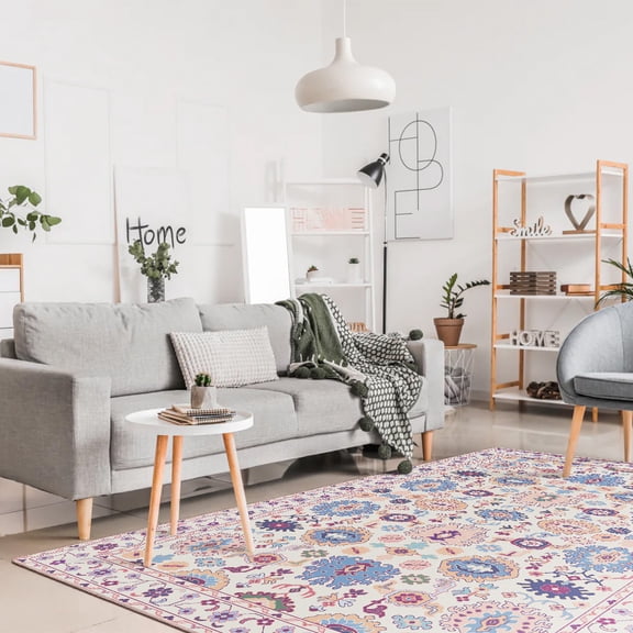 Airgugu Heritage Classique Blue Purple Square Circular Pattern Classical Floral Rug