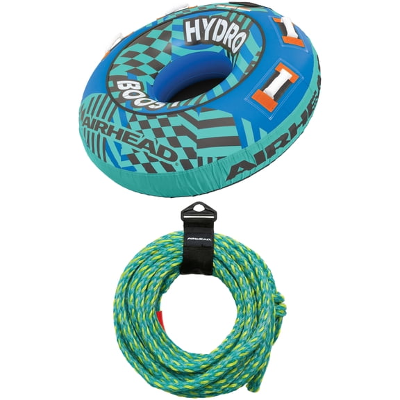 Airhead Hydro Boost 1 Person Nylon Towable Tube and Airhead 60 ft UV Resistant 4-Rider Tow Rope for Towable Tubes, Green