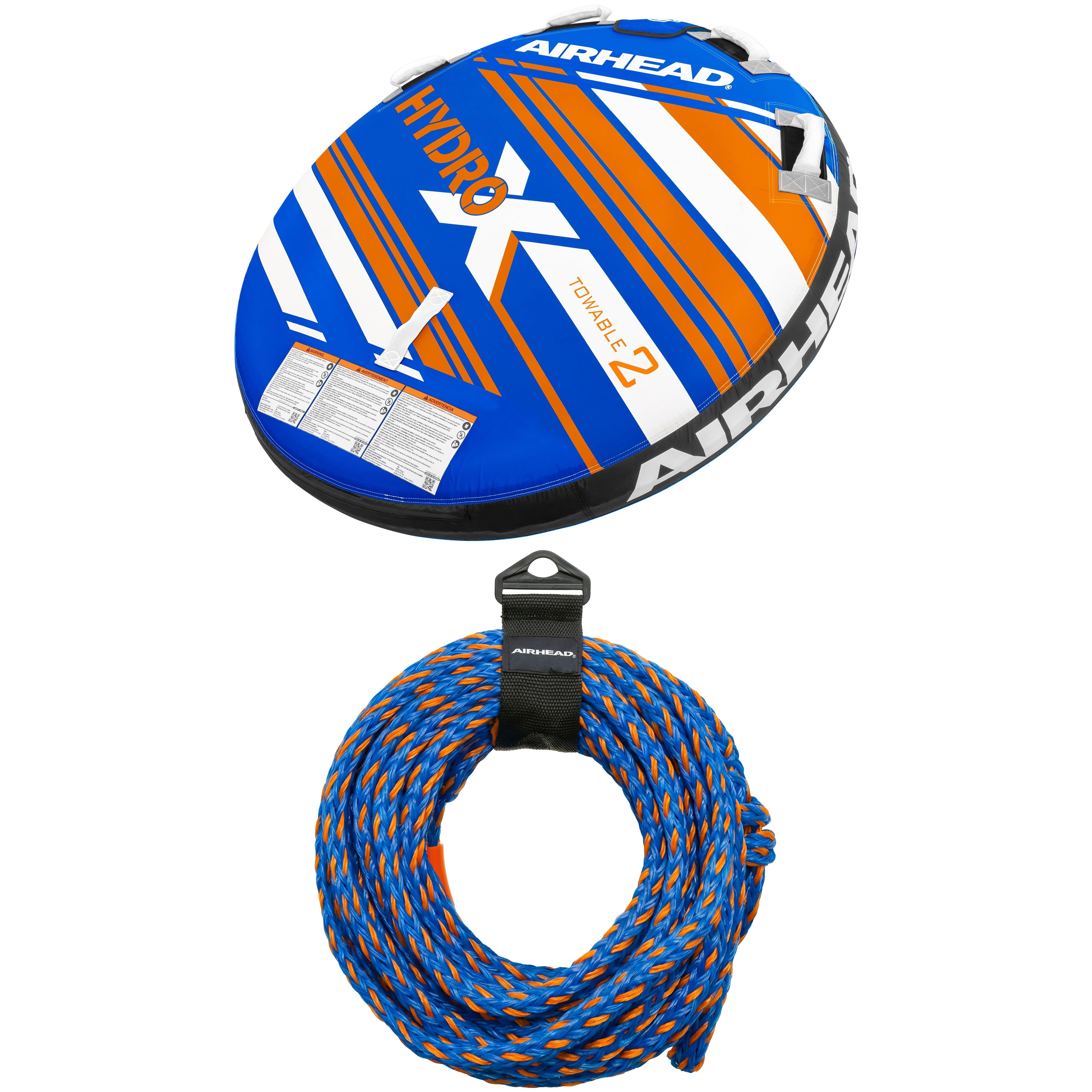 Airhead Hydro-X 2 Person Heavy Duty Nylon Covered Towable Tube and Airhead 60 ft UV Resistant 2-Rider Tow Rope for Towable Tubes